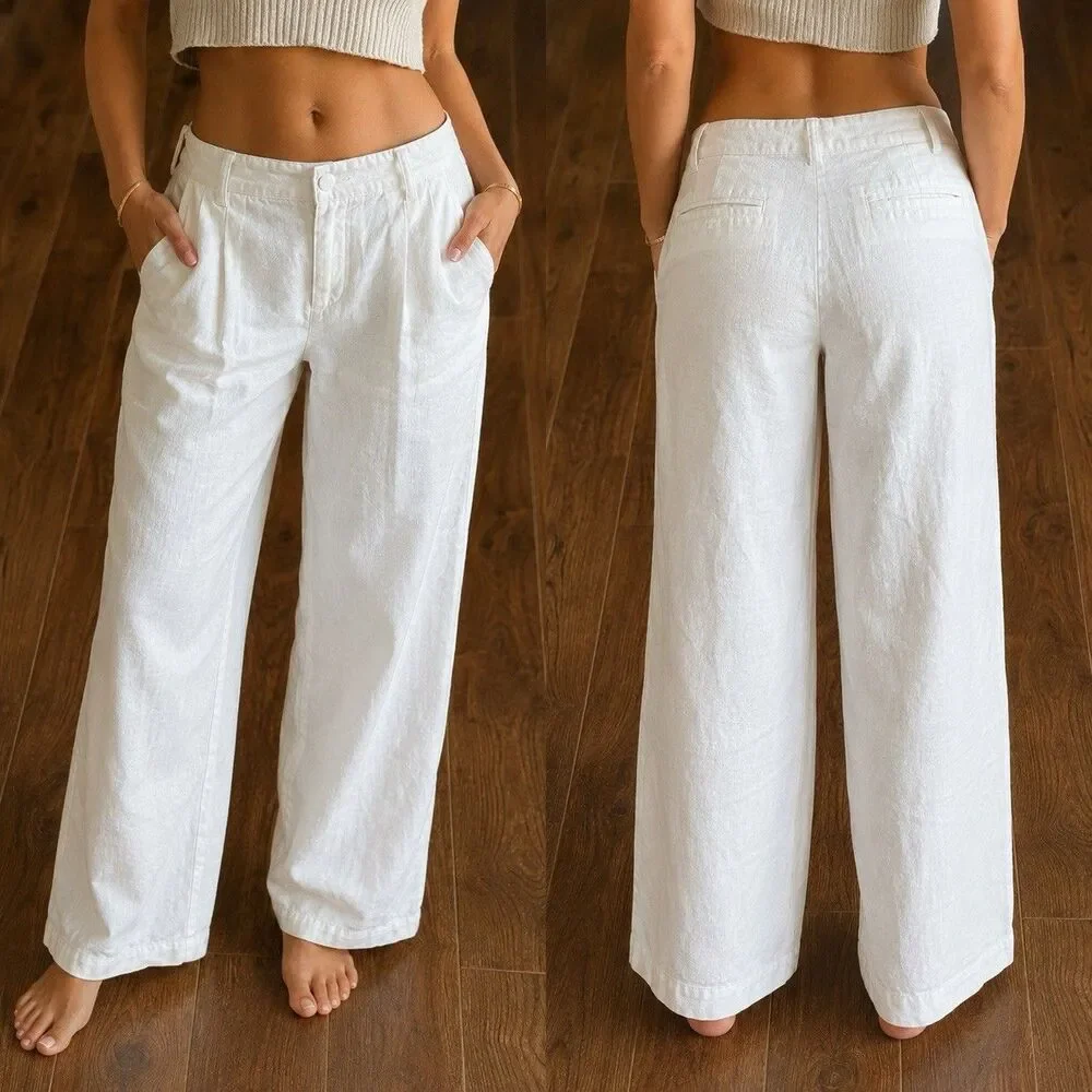 H&M  Linen Wide Leg Pants Womens 6 White High Rise Resort Coastal Quiet Luxury
